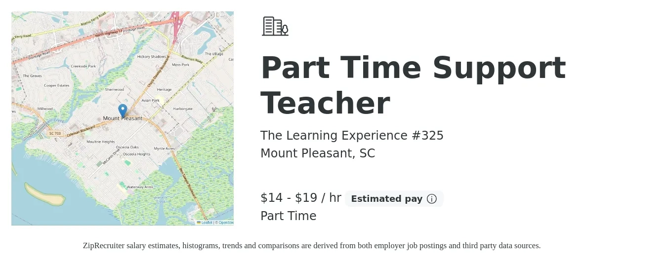 The Learning Experience #325 job posting for a Part Time Support Teacher in Mount Pleasant, SC with a salary of $15 to $20 Hourly with a map of Mount Pleasant location.