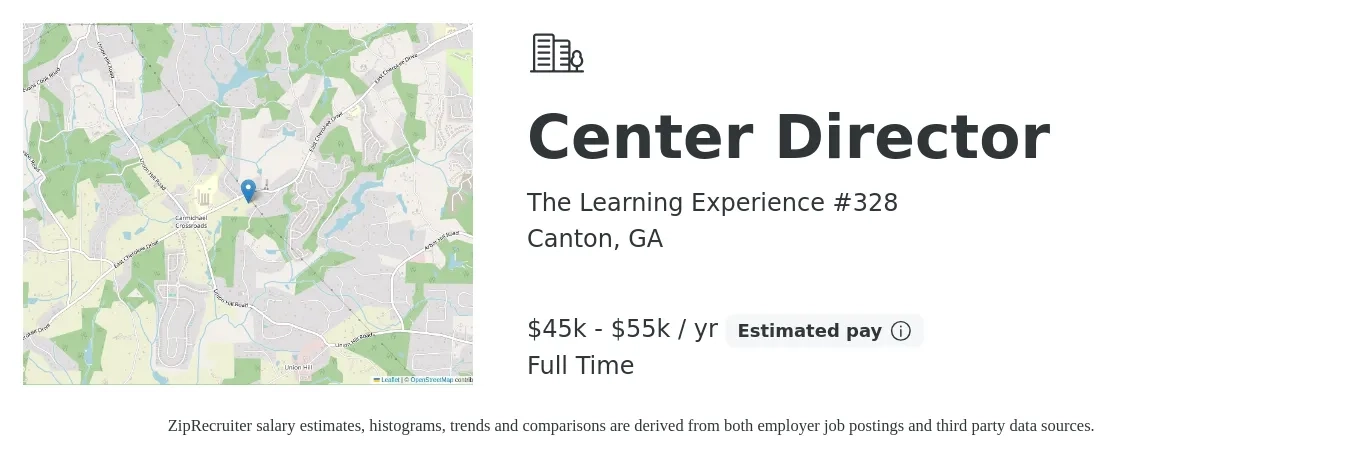 The Learning Experience #328 job posting for a Center Director in Canton, GA with a salary of $45,000 to $55,000 Yearly with a map of Canton location.