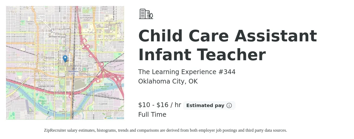The Learning Experience #344 job posting for a Child Care Assistant Infant Teacher in Oklahoma City, OK with a salary of $11 to $17 Hourly with a map of Oklahoma City location.
