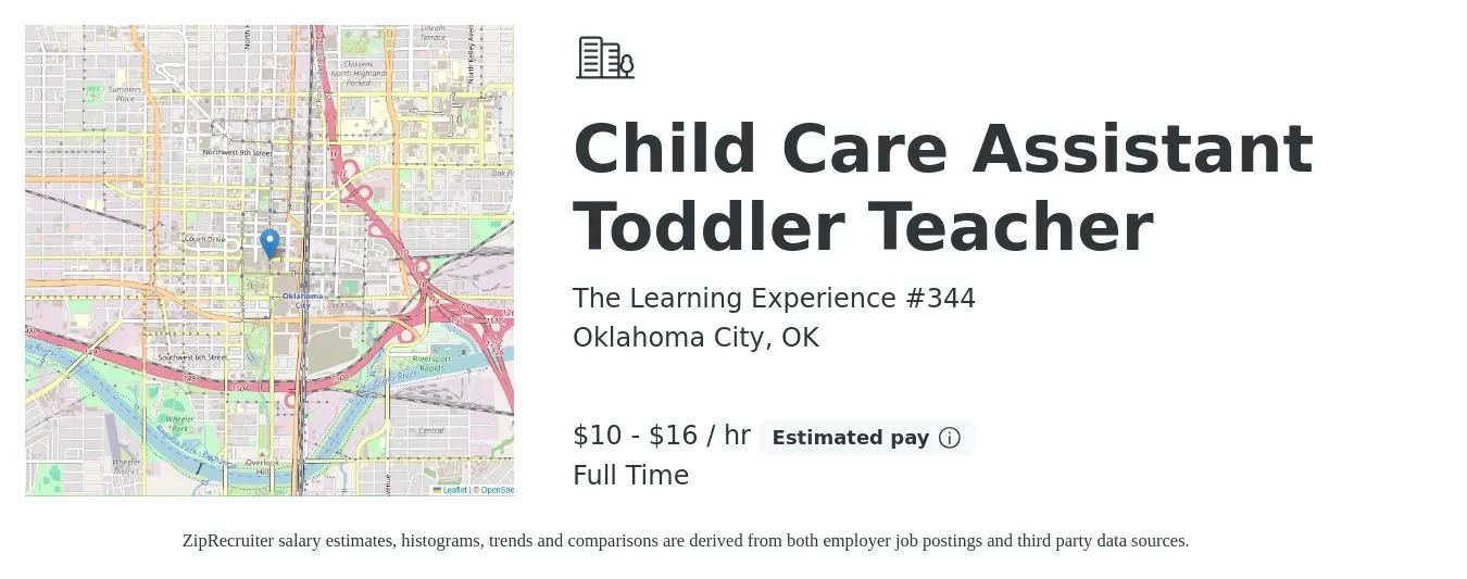 The Learning Experience #344 job posting for a Child Care Assistant Toddler Teacher in Oklahoma City, OK with a salary of $11 to $17 Hourly with a map of Oklahoma City location.