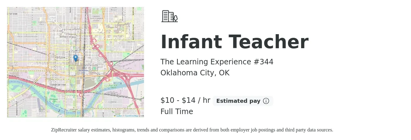 The Learning Experience #344 job posting for a Infant Teacher in Oklahoma City, OK with a salary of $11 to $15 Hourly with a map of Oklahoma City location.