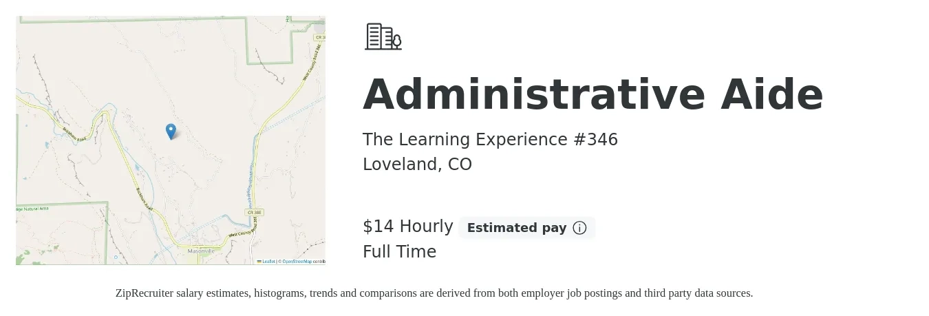 The Learning Experience #346 job posting for a Administrative Aide in Loveland, CO with a salary of $15 Hourly with a map of Loveland location.