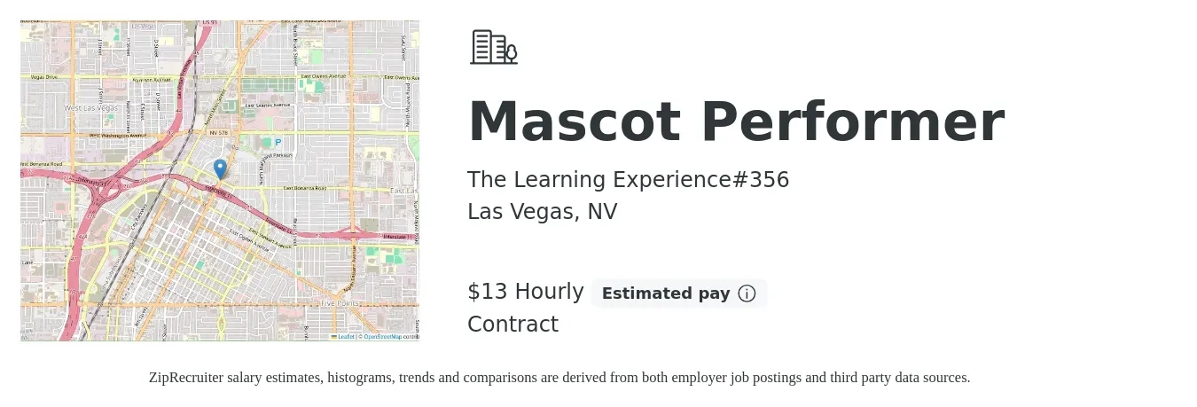 The Learning Experience#356 job posting for a Mascot Performer in Las Vegas, NV with a salary of $14 Hourly with a map of Las Vegas location.