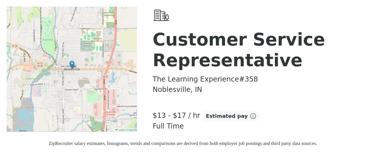 The Learning Experience#358 job posting for a Customer Service Representative in Noblesville, IN with a salary of $14 to $18 Hourly with a map of Noblesville location.