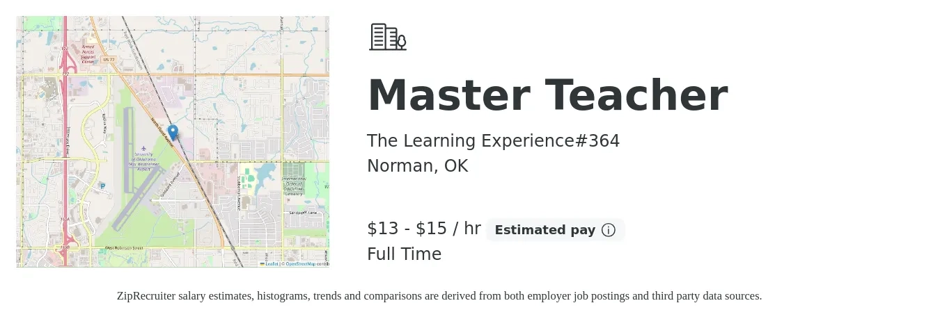 The Learning Experience#364 job posting for a Master Teacher in Norman, OK with a salary of $14 to $16 Hourly with a map of Norman location.