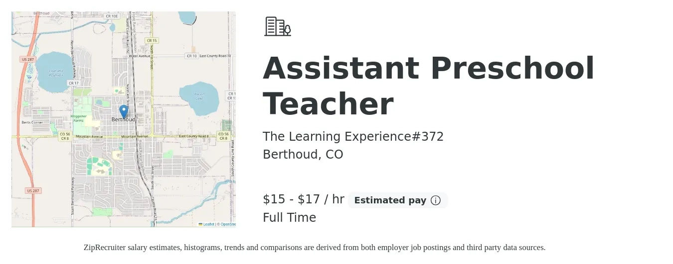 The Learning Experience# 372 job posting for a Assistant Preschool Teacher in Berthoud, CO with a salary of $16 to $18 Hourly with a map of Berthoud location.
