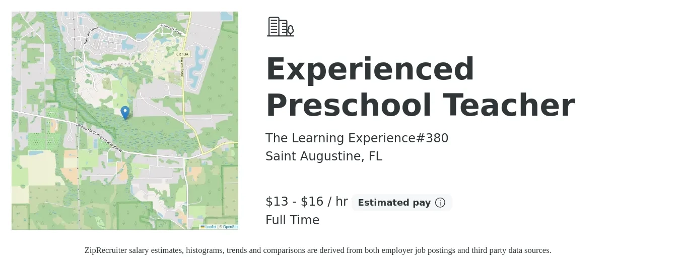 The Learning Experience#380 job posting for a Experienced Preschool Teacher in Saint Augustine, FL with a salary of $14 to $17 Hourly with a map of Saint Augustine location.