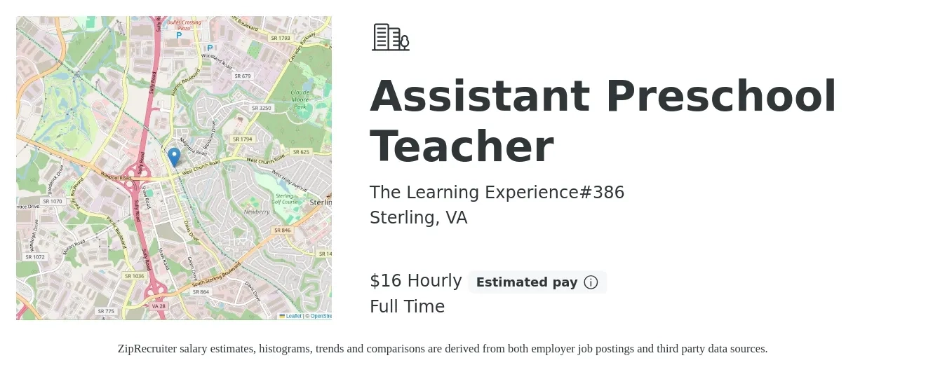 The Learning Experience#386 job posting for a Assistant Preschool Teacher in Sterling, VA with a salary of $15 to $20 Hourly with a map of Sterling location.