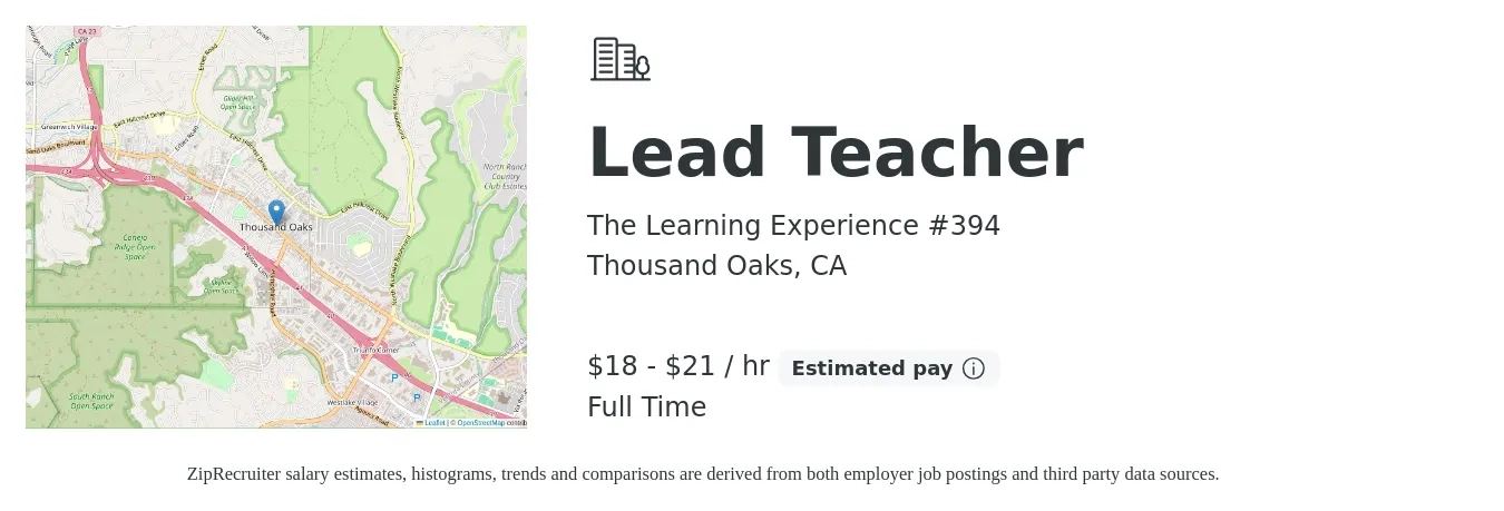 The Learning Experience #394 job posting for a Lead Teacher in Thousand Oaks, CA with a salary of $19 to $23 Hourly with a map of Thousand Oaks location.