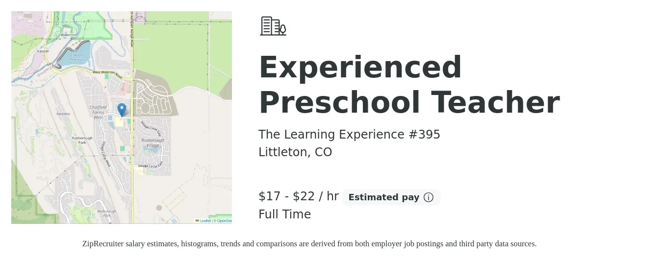 The Learning Experience #395 job posting for a Experienced Preschool Teacher in Littleton, CO with a salary of $18 to $23 Hourly with a map of Littleton location.