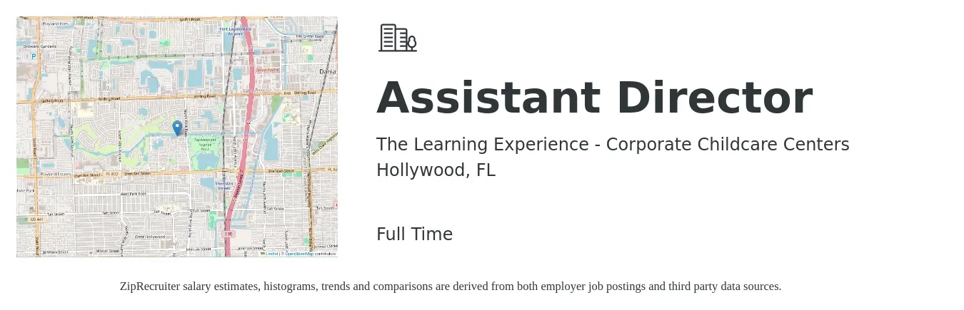 The Learning Experience - Corporate Childcare Centers job posting for a Assistant Director in Hollywood, FL with a salary of $40,700 to $81,800 Yearly with a map of Hollywood location.