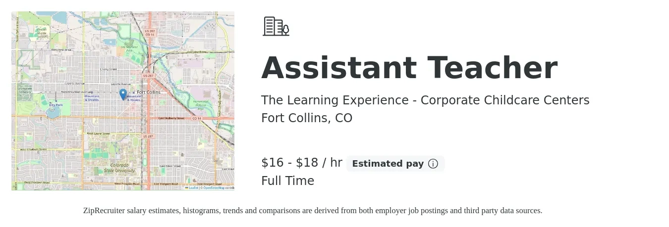 The Learning Experience - Corporate Childcare Centers job posting for a Assistant Teacher in Fort Collins, CO with a salary of $17 to $19 Hourly with a map of Fort Collins location.