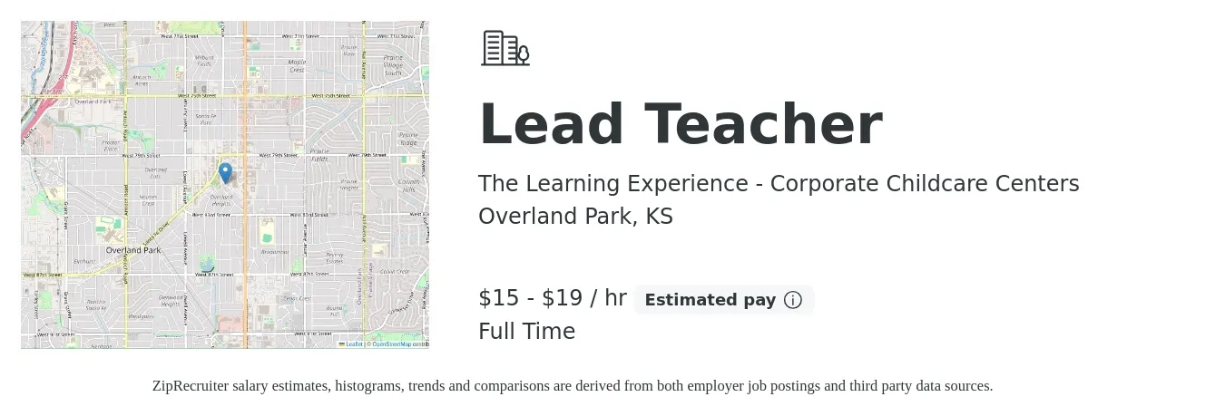 The Learning Experience - Corporate Childcare Centers job posting for a Lead Teacher in Overland Park, KS with a salary of $16 to $20 Hourly with a map of Overland Park location.
