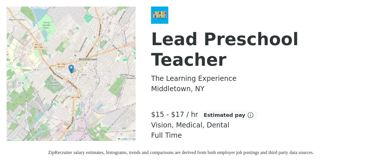 The Learning Experience job posting for a Lead Preschool Teacher in Middletown, NY with a salary of $16 to $18 Hourly and benefits including dental, medical, pto, and vision with a map of Middletown location.