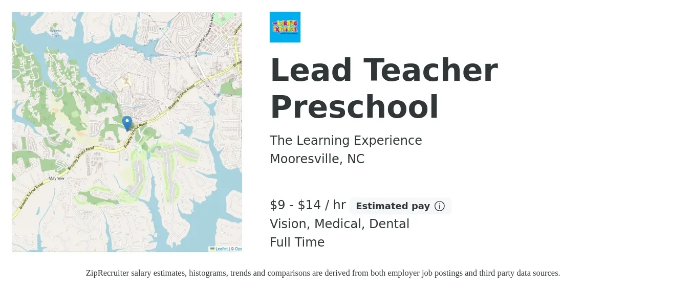 The Learning Experience job posting for a Lead Teacher Preschool in Mooresville, NC with a salary of $10 to $15 Hourly and benefits including dental, medical, and vision with a map of Mooresville location.