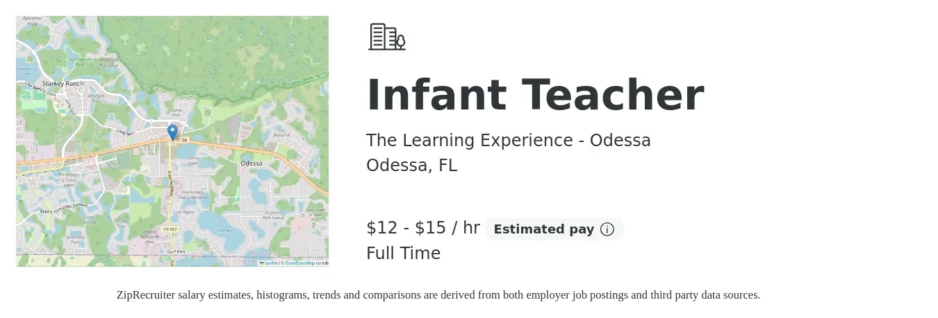 The Learning Experience - Odessa job posting for a Infant Teacher in Odessa, FL with a salary of $13 to $16 Hourly (plus commission) with a map of Odessa location.