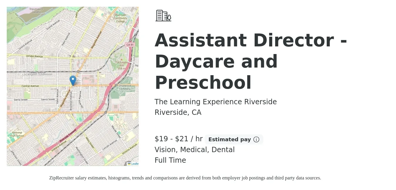 The Learning Experience Riverside job posting for a Assistant Director - Daycare and Preschool in Riverside, CA with a salary of $20 to $22 Hourly (plus commission) and benefits including dental, medical, pto, retirement, and vision with a map of Riverside location.