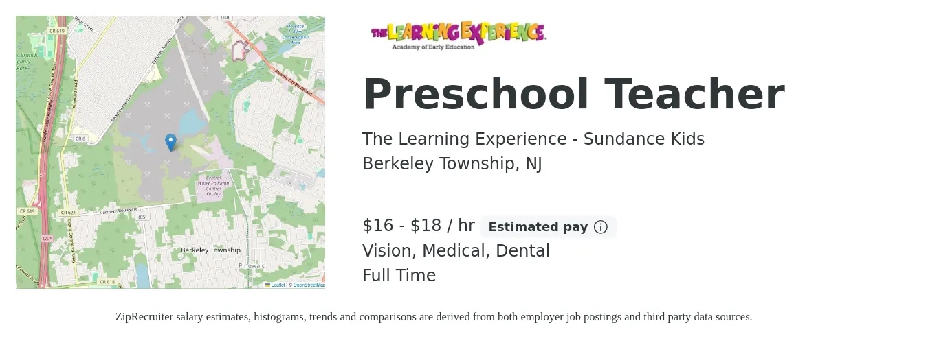 The Learning Experience - Sundance Kids job posting for a Preschool Teacher in Berkeley Township, NJ with a salary of $17 to $19 Hourly and benefits including dental, life_insurance, medical, pto, retirement, and vision with a map of Berkeley Township location.