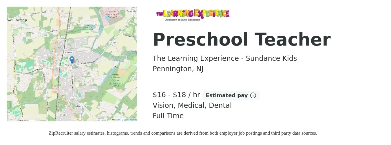The Learning Experience - Sundance Kids job posting for a Preschool Teacher in Pennington, NJ with a salary of $17 to $20 Hourly and benefits including life_insurance, medical, pto, retirement, vision, and dental with a map of Pennington location.