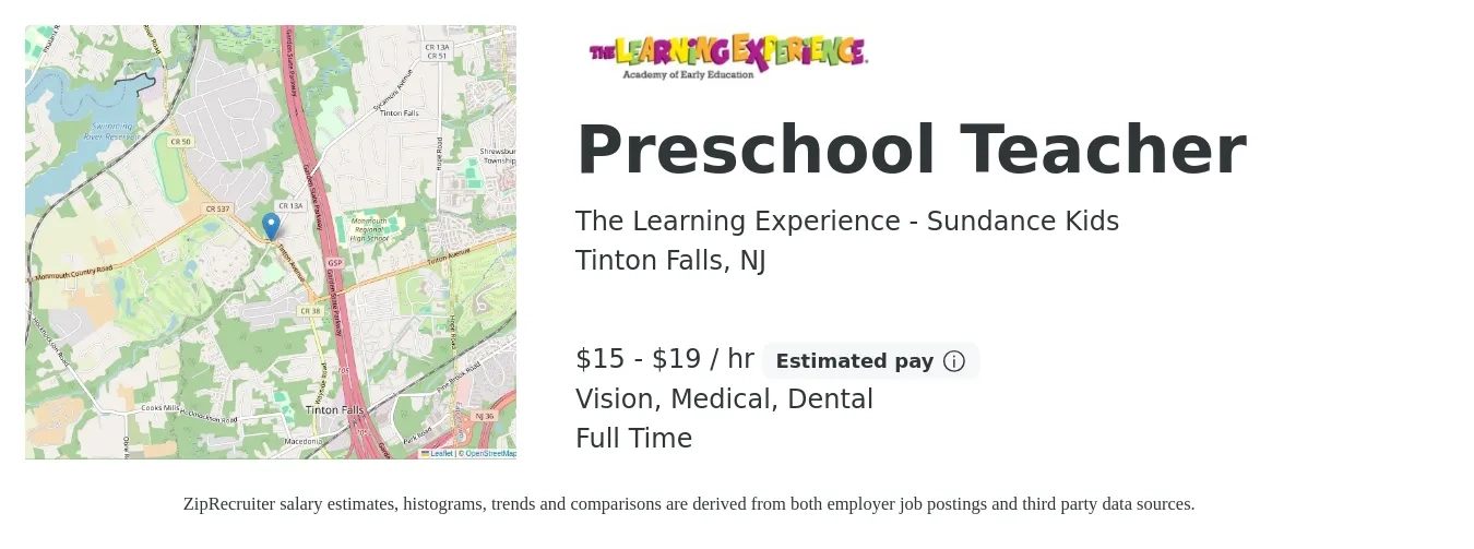 The Learning Experience - Sundance Kids job posting for a Preschool Teacher in Tinton Falls, NJ with a salary of $16 to $18 Hourly and benefits including dental, life_insurance, medical, pto, retirement, and vision with a map of Tinton Falls location.
