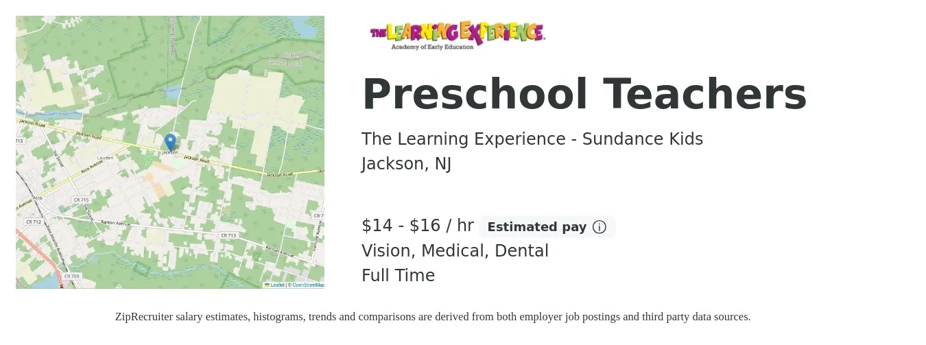 The Learning Experience - Sundance Kids job posting for a Preschool Teachers in Jackson, NJ with a salary of $16 to $17 Hourly and benefits including dental, life_insurance, medical, pto, retirement, and vision with a map of Jackson location.
