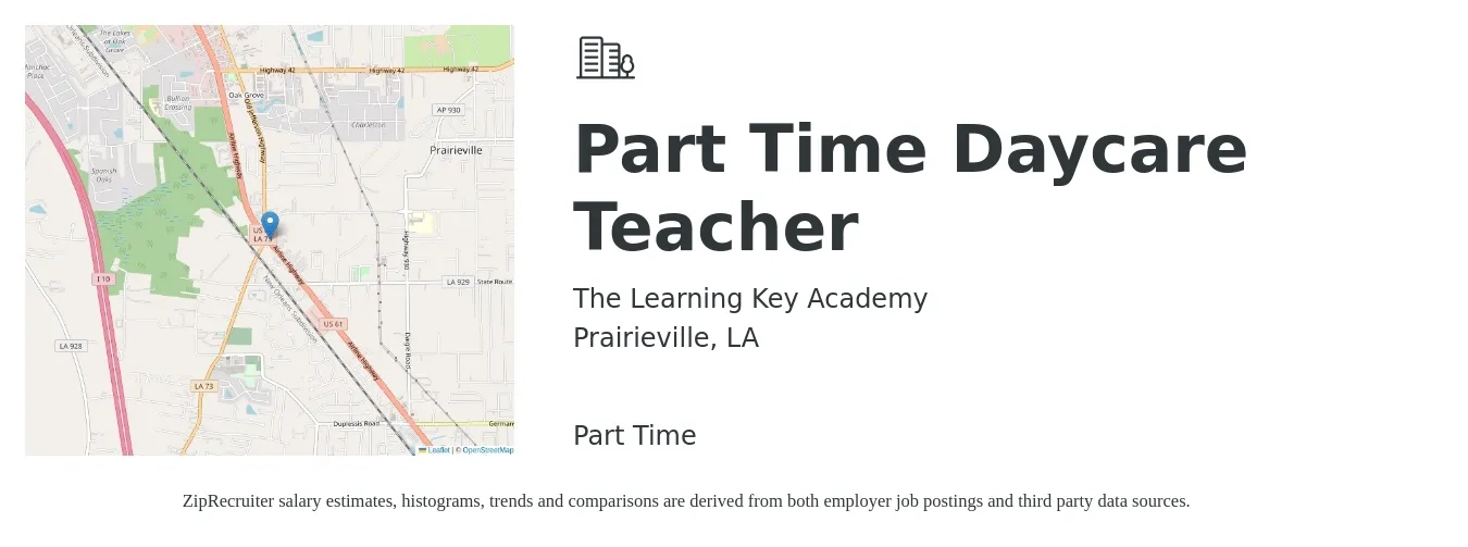The Learning Key Academy job posting for a Part Time Daycare Teacher in Prairieville, LA with a salary of $11 to $14 Hourly with a map of Prairieville location.
