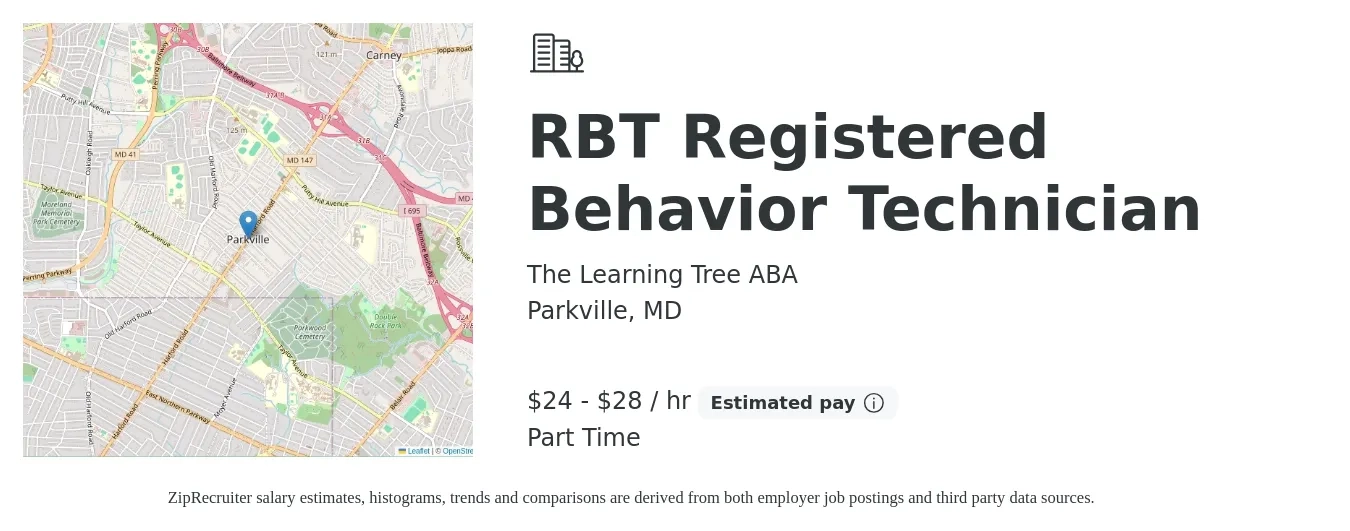The Learning Tree ABA job posting for a RBT Registered Behavior Technician in Parkville, MD with a salary of $25 to $30 Hourly with a map of Parkville location.