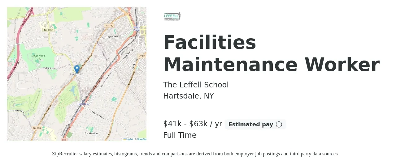 The Leffell School job posting for a Facilities Maintenance Worker in Hartsdale, NY with a salary of $41,200 to $63,442 Yearly with a map of Hartsdale location.