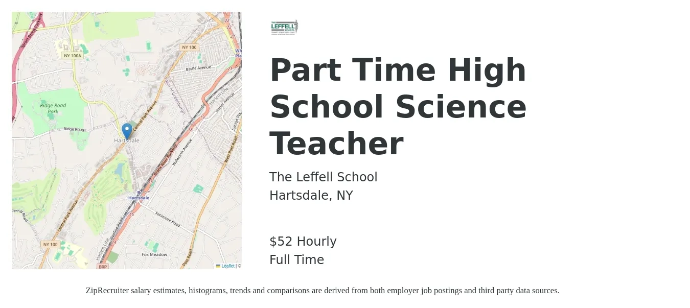 The Leffell School job posting for a Part Time High School Science Teacher in Hartsdale, NY with a salary of $55 Hourly with a map of Hartsdale location.