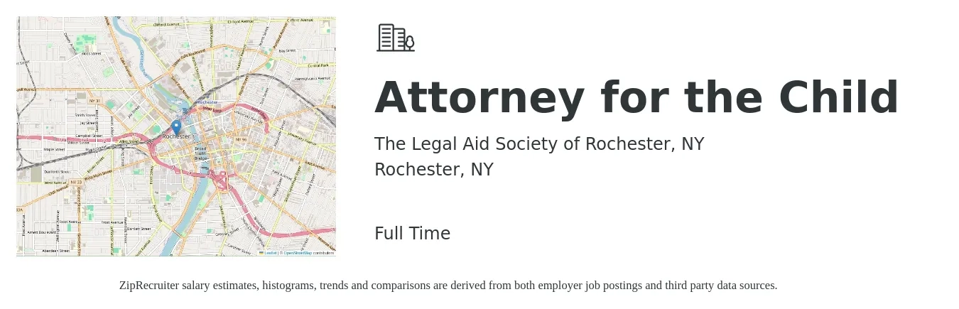 The Legal Aid Society of Rochester, NY job posting for a Attorney for the Child in Rochester, NY with a salary of $70,000 Yearly with a map of Rochester location.