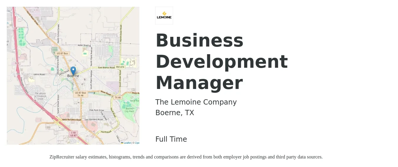The Lemoine Company job posting for a Business Development Manager in Boerne, TX with a salary of $57,300 to $94,000 Yearly with a map of Boerne location.