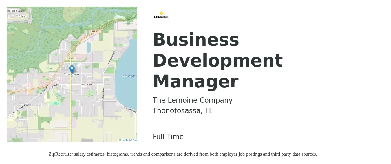 The Lemoine Company job posting for a Business Development Manager in Thonotosassa, FL with a salary of $55,100 to $90,300 Yearly with a map of Thonotosassa location.