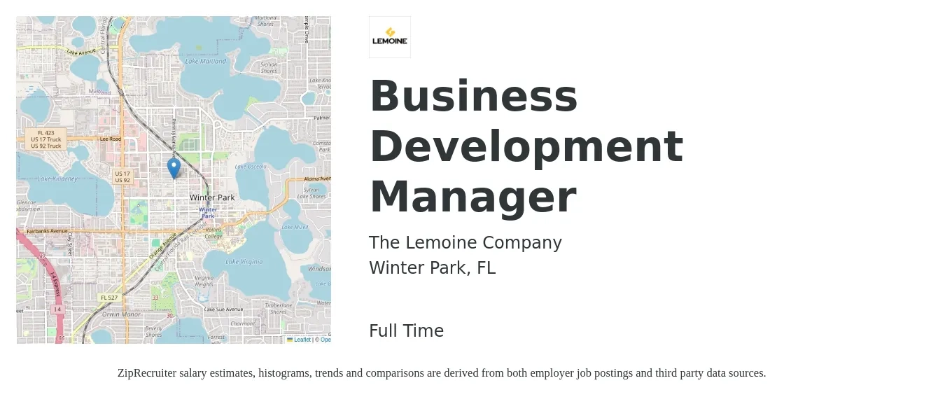 The Lemoine Company job posting for a Business Development Manager in Winter Park, FL with a salary of $57,300 to $93,900 Yearly with a map of Winter Park location.