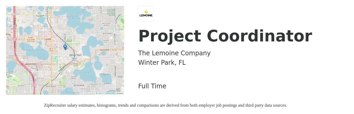 The Lemoine Company job posting for a Project Coordinator in Winter Park, FL with a salary of $22 to $32 Hourly with a map of Winter Park location.