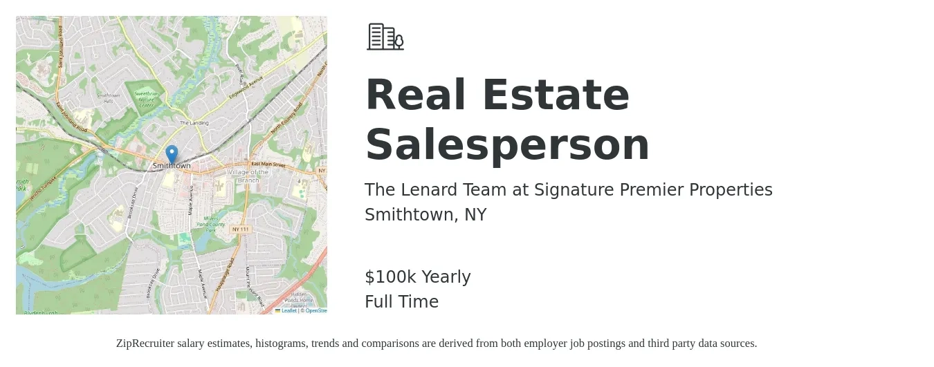 The Lenard Team at Signature Premier Properties job posting for a Real Estate Salesperson in Smithtown, NY with a salary of $100,000 Yearly with a map of Smithtown location.