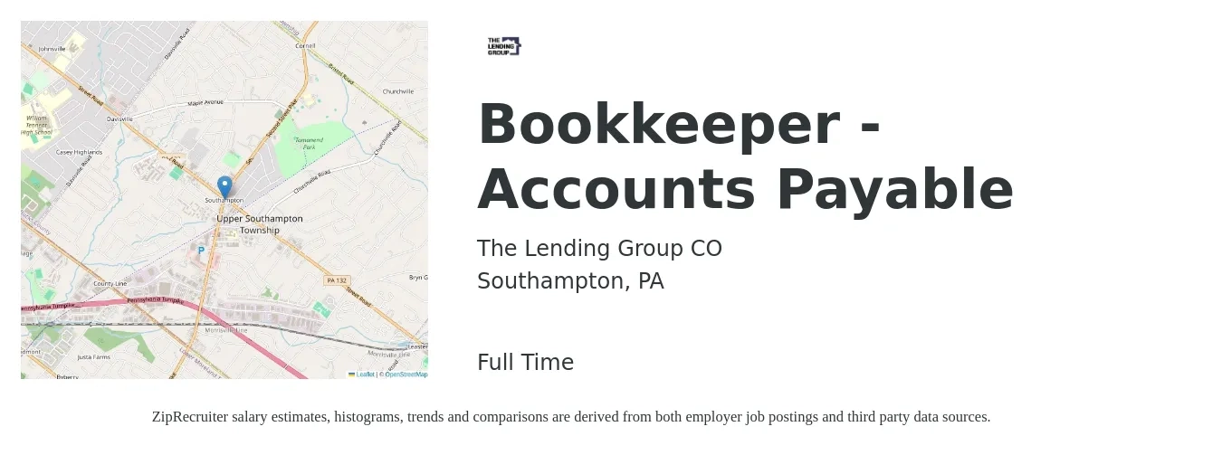 The Lending Group CO job posting for a Bookkeeper - Accounts Payable in Southampton, PA with a salary of $30 to $35 Hourly with a map of Southampton location.