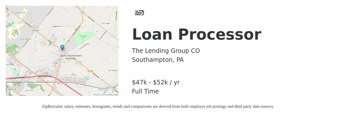 The Lending Group CO job posting for a Loan Processor in Southampton, PA with a salary of $47,000 to $52,000 Yearly with a map of Southampton location.