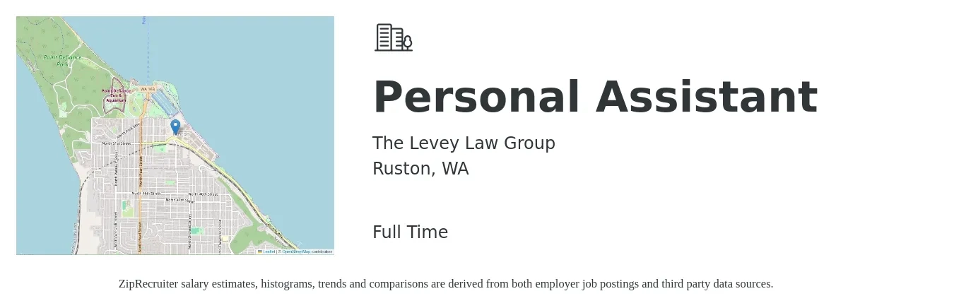 The Levey Law Group job posting for a Personal Assistant in Ruston, WA with a salary of $25 to $30 Hourly with a map of Ruston location.
