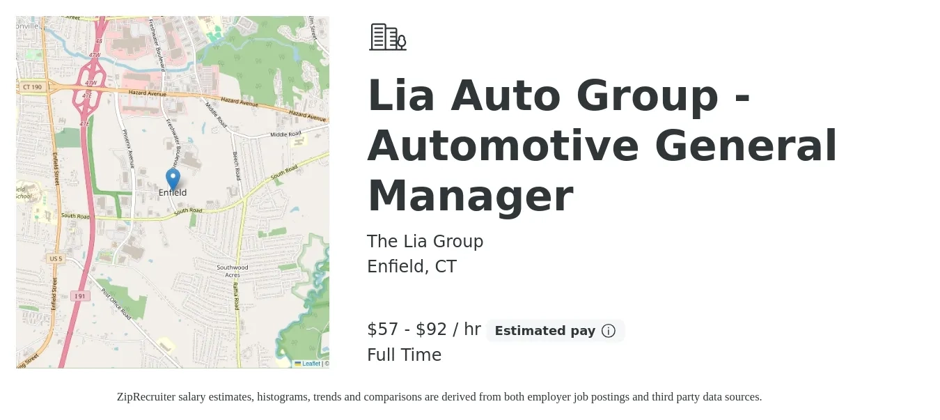 The Lia Group job posting for a Lia Auto Group - Automotive General Manager in Enfield, CT with a salary of $125,000 to $200,000 Yearly with a map of Enfield location.
