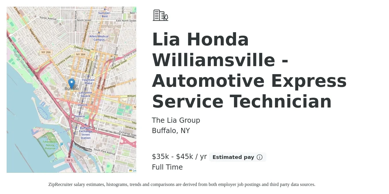The Lia Group job posting for a Lia Honda Williamsville - Automotive Express Service Technician in Buffalo, NY with a salary of $35,000 to $45,000 Yearly with a map of Buffalo location.