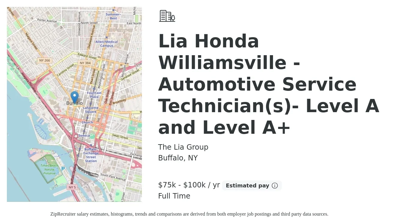 The Lia Group job posting for a Lia Honda Williamsville - Automotive Service Technician(s)- Level A and Level A+ in Buffalo, NY with a salary of $75,000 to $100,000 Yearly with a map of Buffalo location.