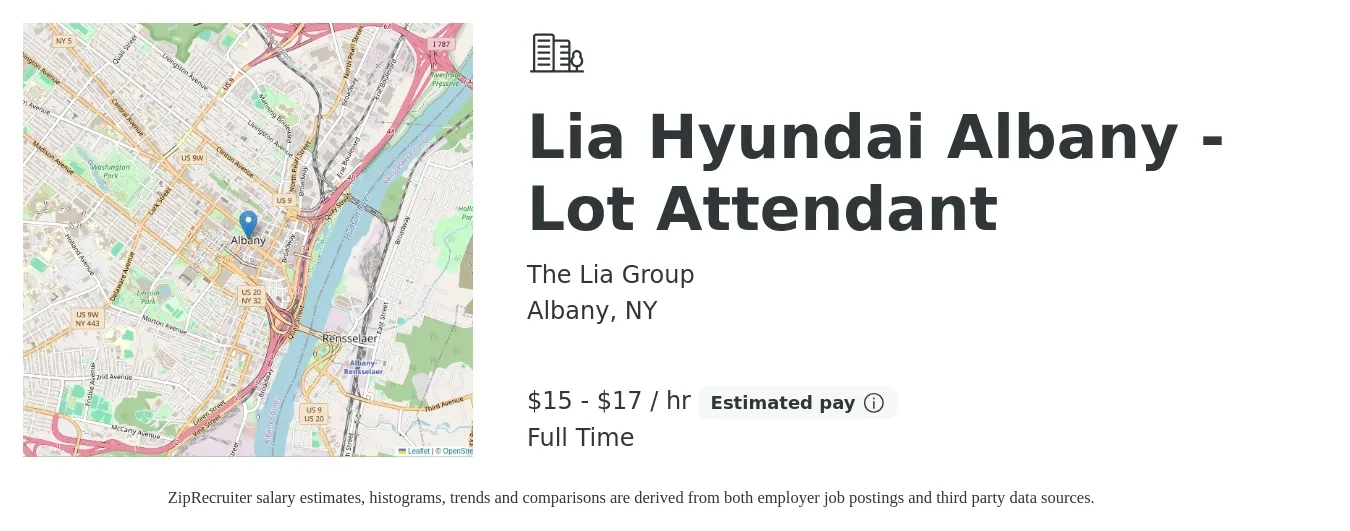 The Lia Group job posting for a Lia Hyundai Albany - Lot Attendant in Albany, NY with a salary of $16 to $18 Hourly with a map of Albany location.