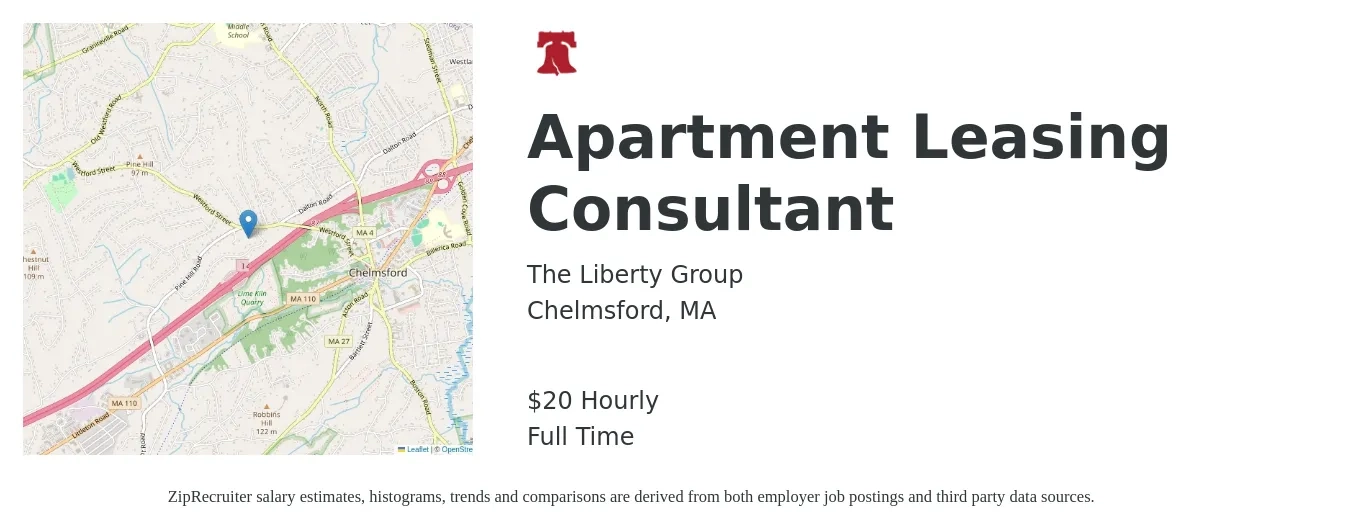 The Liberty Group job posting for a Apartment Leasing Consultant in Chelmsford, MA with a salary of $21 Hourly with a map of Chelmsford location.