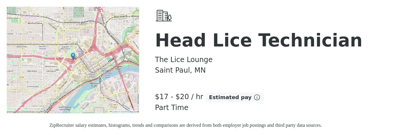 The Lice Lounge job posting for a Head Lice Technician in Saint Paul, MN with a salary of $18 to $21 Hourly (plus commission) with a map of Saint Paul location.
