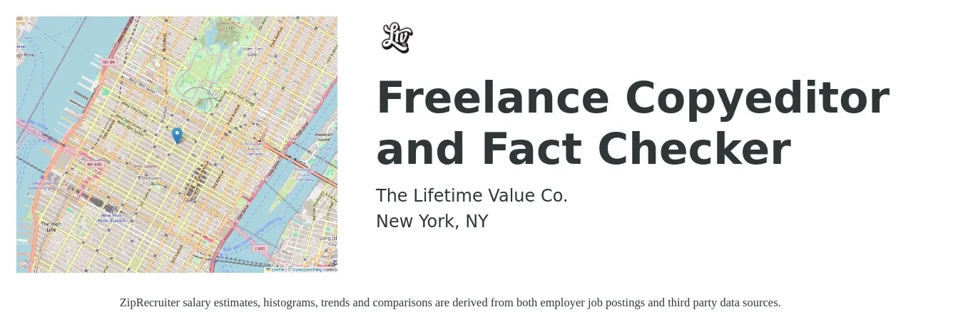 The Lifetime Value Co. job posting for a Freelance Copyeditor and Fact Checker in New York, NY with a salary of $25 to $37 Hourly with a map of New York location.