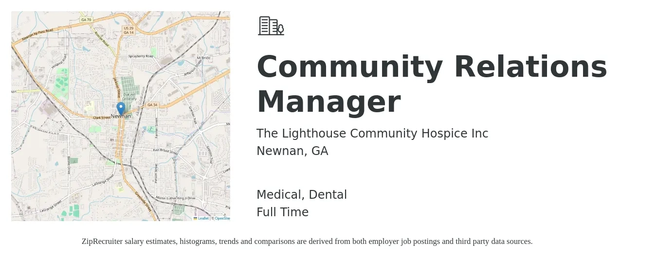 The Lighthouse Community Hospice Inc job posting for a Community Relations Manager in Newnan, GA with a salary of $124,500 Yearly and benefits including dental, medical, pto, and retirement with a map of Newnan location.