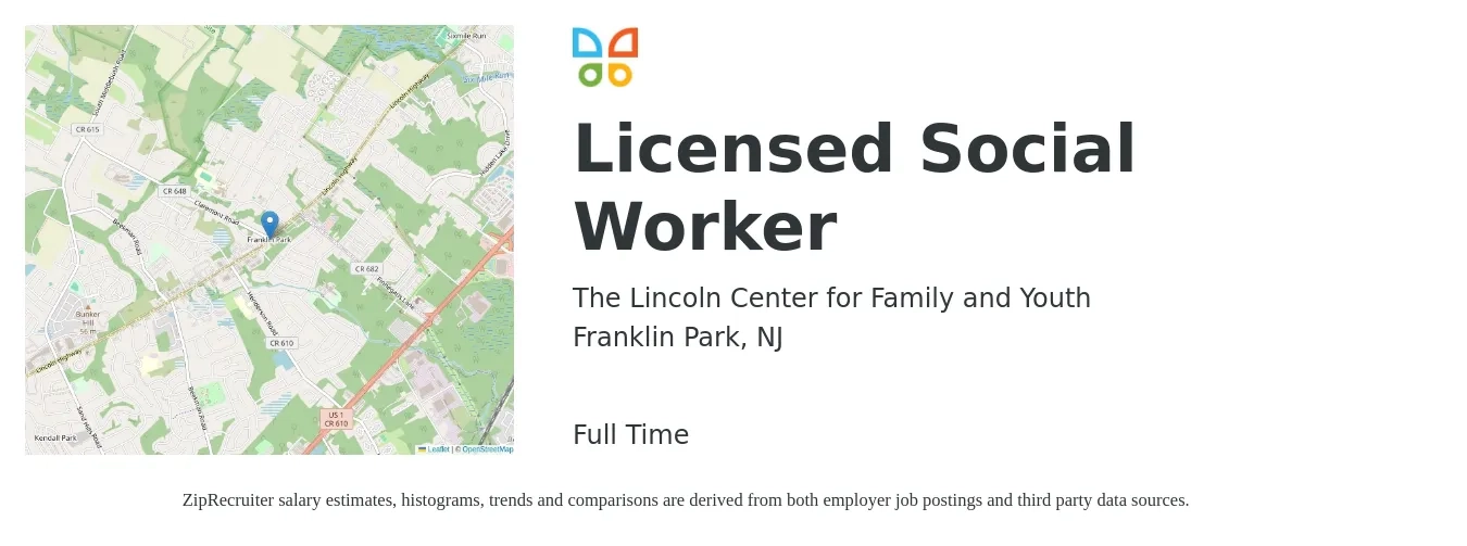 The Lincoln Center for Family and Youth job posting for a Licensed Social Worker in Franklin Park, NJ with a salary of $58,800 to $81,600 Yearly with a map of Franklin Park location.