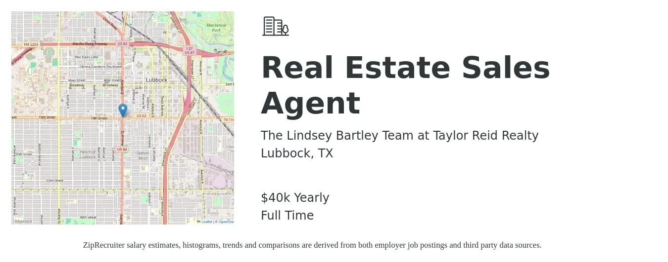 The Lindsey Bartley Team at Taylor Reid Realty job posting for a Real Estate Sales Agent in Lubbock, TX with a salary of $40,000 Yearly with a map of Lubbock location.