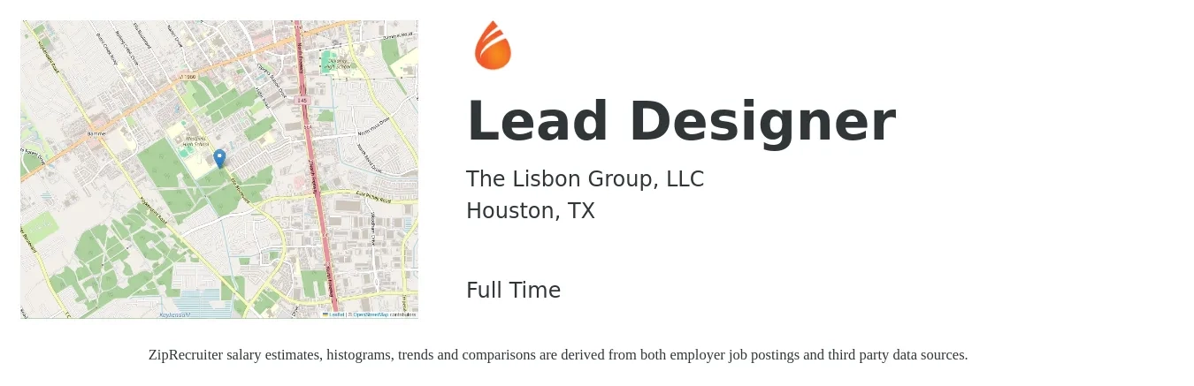 The Lisbon Group, LLC job posting for a Lead Designer in Houston, TX with a salary of $125,000 to $145,000 Yearly with a map of Houston location.