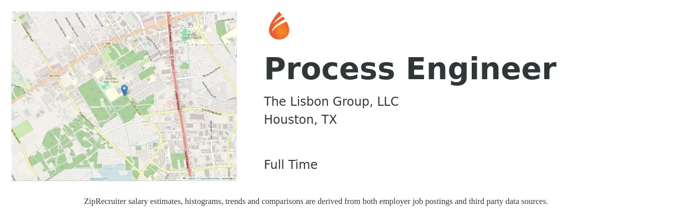 The Lisbon Group, LLC job posting for a Process Engineer in Houston, TX with a salary of $140,000 to $165,000 Yearly with a map of Houston location.